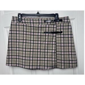 Funhouse Vintage 90s Tan Plaid Wrap Mini Skirt Buckles Size 13 School Girl Skirt